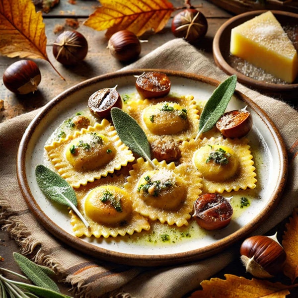 Ravioli ripieni di marroni dei Sibillini e conditi con tartufo e pecorino